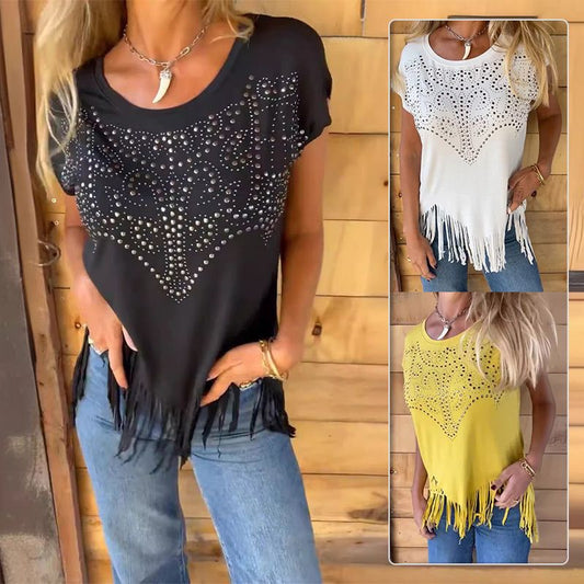 🔥HOT SALE 50% OFF🔥Women's Solid Colour Short Sleeve T-shirt With Hot Print And Frayed Hem🌙 Free Moon & Star Necklace for first 100 orders! 🎁