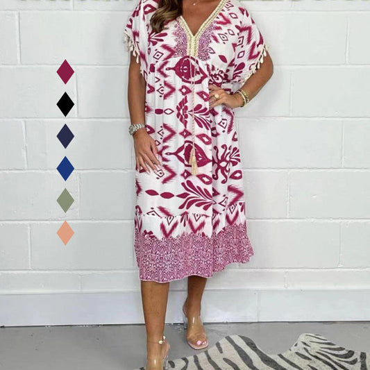 Printed Casual Dress With V-Neckline and Fringes on the Short Sleeves-Buy 2 Get 10% Off