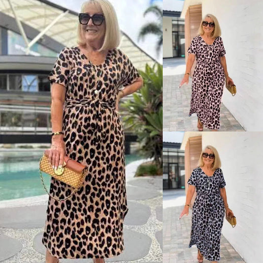 🌸2025 Hot Sale🌸Women's Leopard V-Neck Long Dress with Belt-Buy 2 Get 10% Off