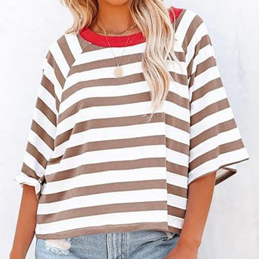 Women's Round Neck Striped Short Sleeve Casual Top