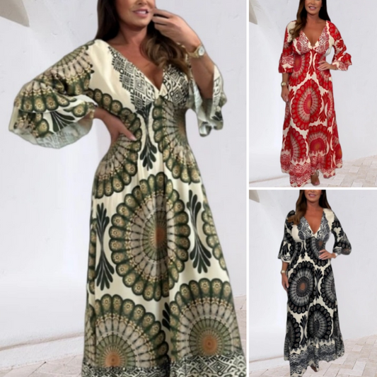 Women's Retro Boho Deep V-Neck Maxi Dress