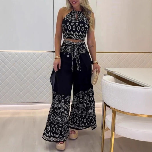 Women's Retro Pattern Ethnic Halter Sleeveless Top Wide Leg Pants Set