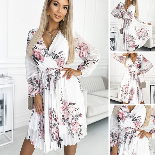 Women's V-Neck White Floral Dress With Belt