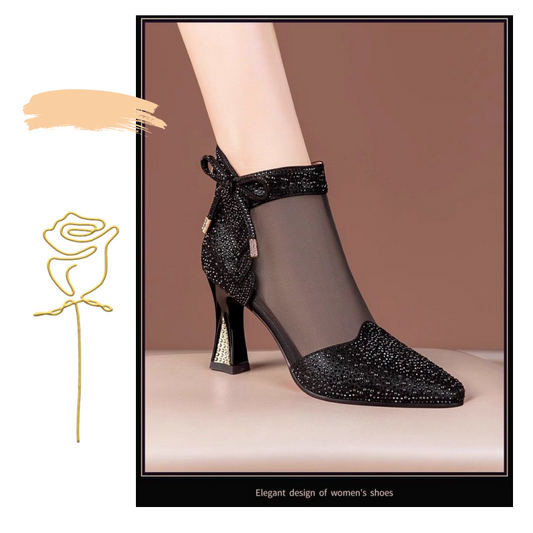 Stylish Block Heel Rhinestone Mesh Ankle Boots