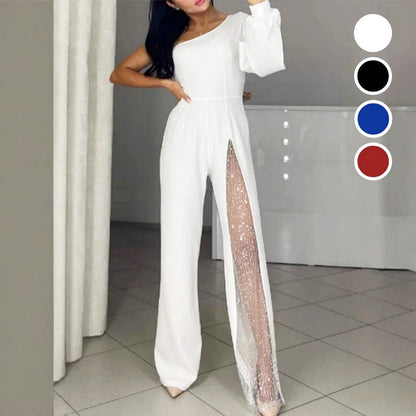 ✨50% OFF👠Sparkling One Shoulder Mesh Flared Jumpsuit🖤