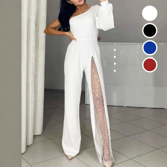 ✨50% OFF👠Sparkling One Shoulder Mesh Flared Jumpsuit🖤