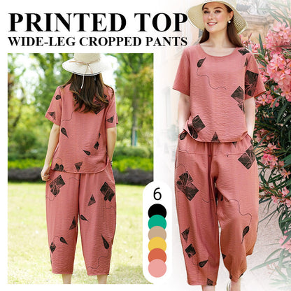 💖Women's Printed Short-Sleeved Top & Wide-Leg Cropped Pants Set