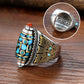 Turquoise Six-character Mantra Nine-eyed Dzi Bead Ring