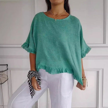 🔥🎁Round Neck Ruffled Hem Mid-sleeve Cotton and Linen Top