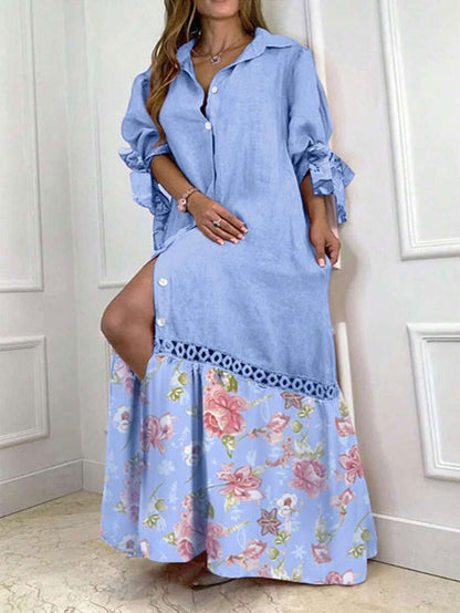 LUNE Women's Casual Lace Patchwork Floral Printed Sleeve Cuff Ribbon Belted Shirt Dress (Random Print)