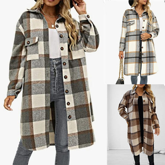 Women's Casual Lapel Button Down Long Plaid Shirt Coat