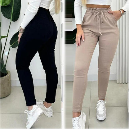 Women's Thickened Casual Tight Trousers with Elastic Drawstring High Waist