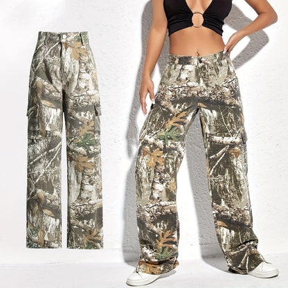 Women's Printed Straight-Leg Cargo Pants with Pockets