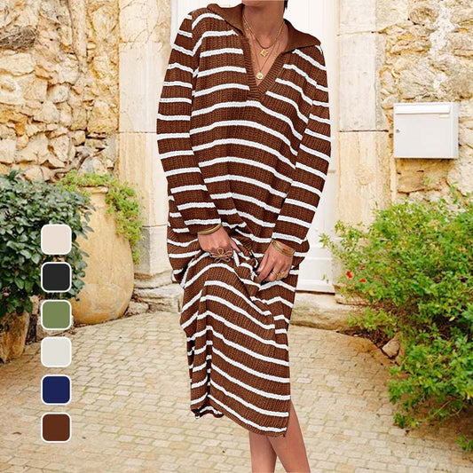 🔥Last Day Sale 49%🔥Elegant V-Neck Striped Split Hem Dress