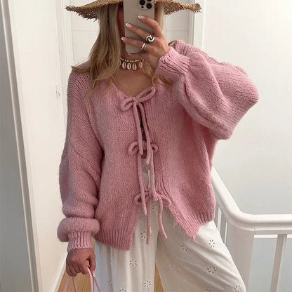 ✨Hot sale🔥Women's Long Sleeve Tie Front Knit Sweater