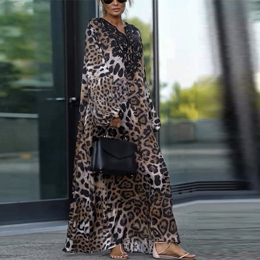 Women's Loose Leopard Print Long Sleeve Dress