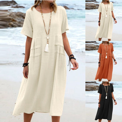 🔥Clearance Sale🔥Women's Round Neck Cotton Linen Midi Dress（The more you buy, the higher the discount）