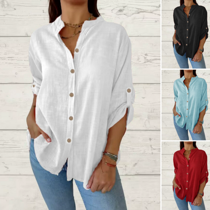 Women's V-Neck Cotton Linen Long-Sleeve Shirt