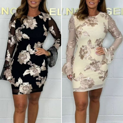 Women's Elegant Floral Embroidered Bell Sleeves Bodycon Dress