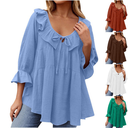 Women's 3/4 Sleeve Tie Front Ruffle Tiered Shirts