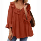 Women's 3/4 Sleeve Tie Front Ruffle Tiered Shirts