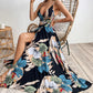 Women's Sexy Floral Print Backless V-Neck High Slit Maxi Dress