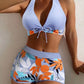 Leaf Print Halter V-Neck Two-Piece Swimsuit
