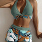 Leaf Print Halter V-Neck Two-Piece Swimsuit