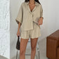 Women's Casual Lapel Top & High-Waisted Shorts Set