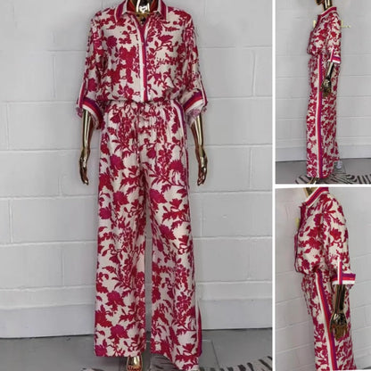 Women's Lapel Print Shirt ＆ Pants Two-Piece Set