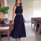 Women's Elegant Navy Blue High Waist Long Dress