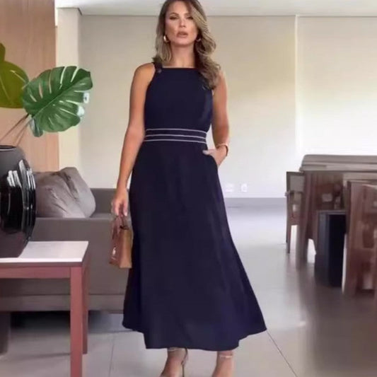 Women's Elegant Navy Blue High Waist Long Dress