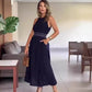 Women's Elegant Navy Blue High Waist Long Dress