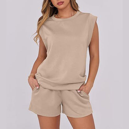 Women's Cap Sleeve Crewneck Top & Drawstring Shorts 2-Piece Set