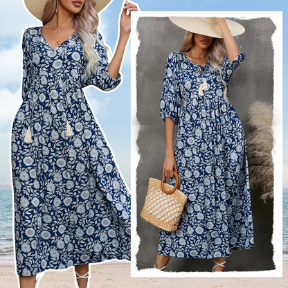 Women’s Elegant Floral Print V-Neck Long Dress