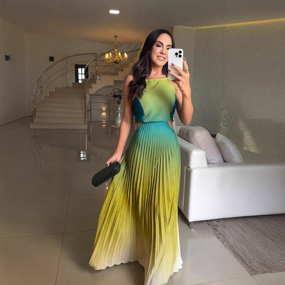 🎉Limited Sale🎉Women's Halter Pleated Gradient Color Dress