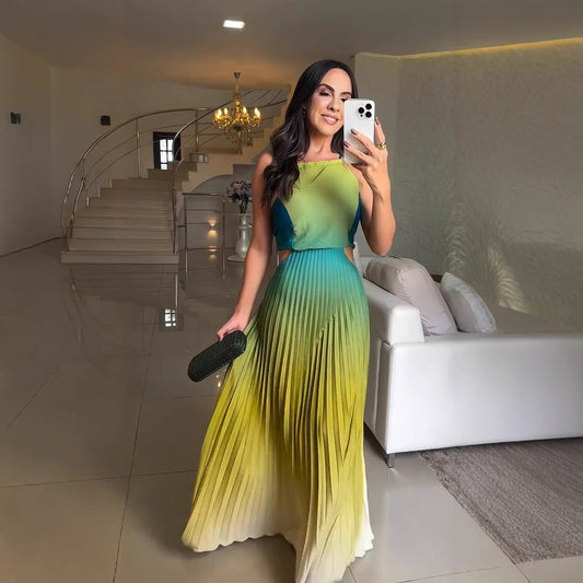 🎉Limited Sale🎉Women's Halter Pleated Gradient Color Dress