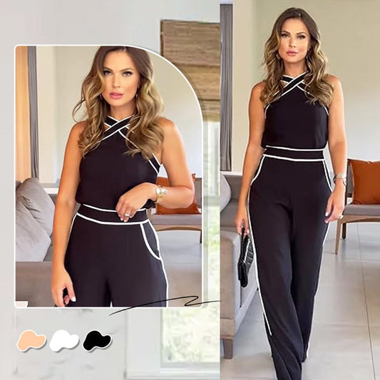Stylish Cross Neck Top & Wide Leg Pants Two Piece Set