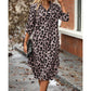 Women's Leopard Button Front Rolled Sleeve Midi Dresses