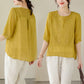 Women's Thin Embroidery Breathable Cotton Linen Short Sleeve Crew Neck Shirt