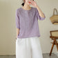 Women's Thin Embroidery Breathable Cotton Linen Short Sleeve Crew Neck Shirt