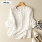 Women's Thin Embroidery Breathable Cotton Linen Short Sleeve Crew Neck Shirt