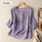 Women's Thin Embroidery Breathable Cotton Linen Short Sleeve Crew Neck Shirt