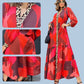Vibrant Print Leopard Trim Long Sleeve Maxi Dress