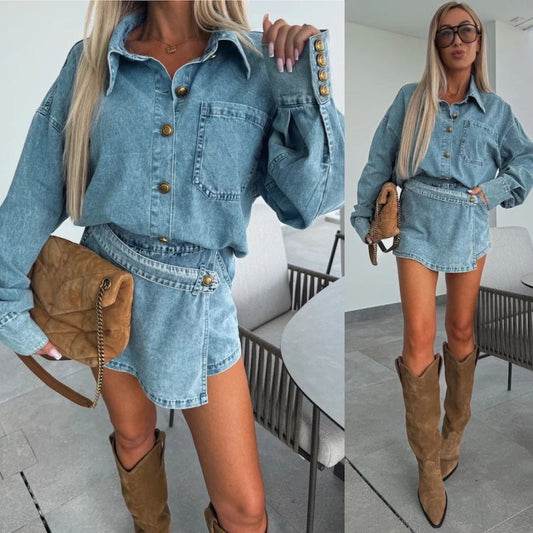 ✨Free Shipping--Early Summer New✨Women's Summer Denim Set Oversized Shirt & Skirt Shorts