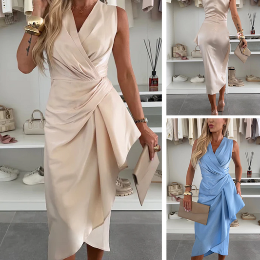 🦢Satin V-Neck Ruched Midi Dress with Irregular Ruffle Hem☁️