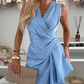 🦢Satin V-Neck Ruched Midi Dress with Irregular Ruffle Hem☁️