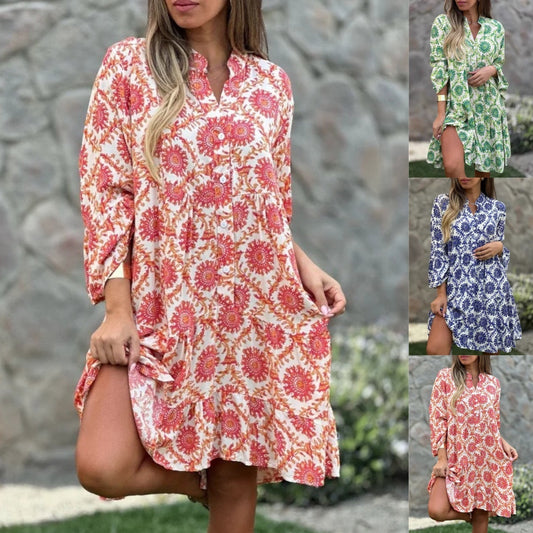 Women's Printed Button Down V-Neck Shirt Dress