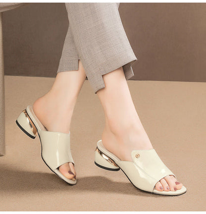 Women's chunky heel soft leather fish mouth sandals