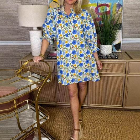 Women's Floral Printed Belted Bubble Sleeve Dress